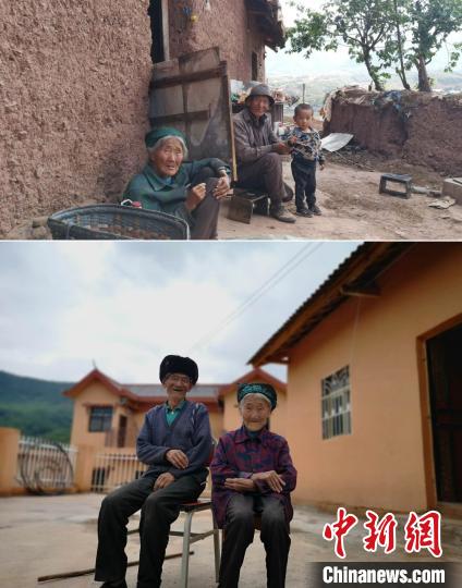上圖為甲甲溝村村民羅木你坡夫婦所住的舊房，下圖為夫婦倆遷入的新居。(拼版圖) 張浪 攝